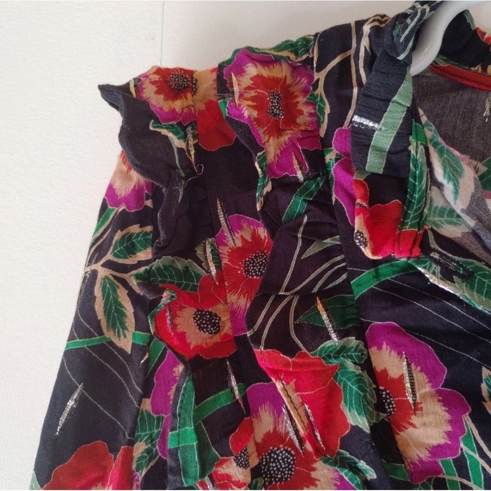Anthro Misa Los Angeles Hibiscus Floral Ruffle Blouse with Metallic Threading - Picture 6 of 16